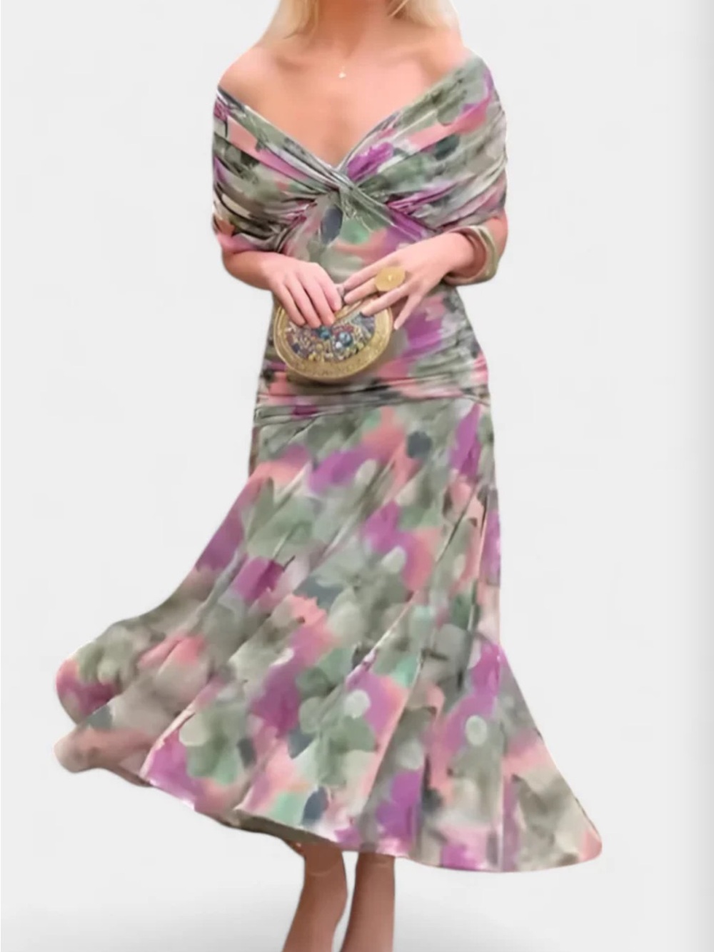 Off-Shoulder Floral Maxi Dress in Pink & Green